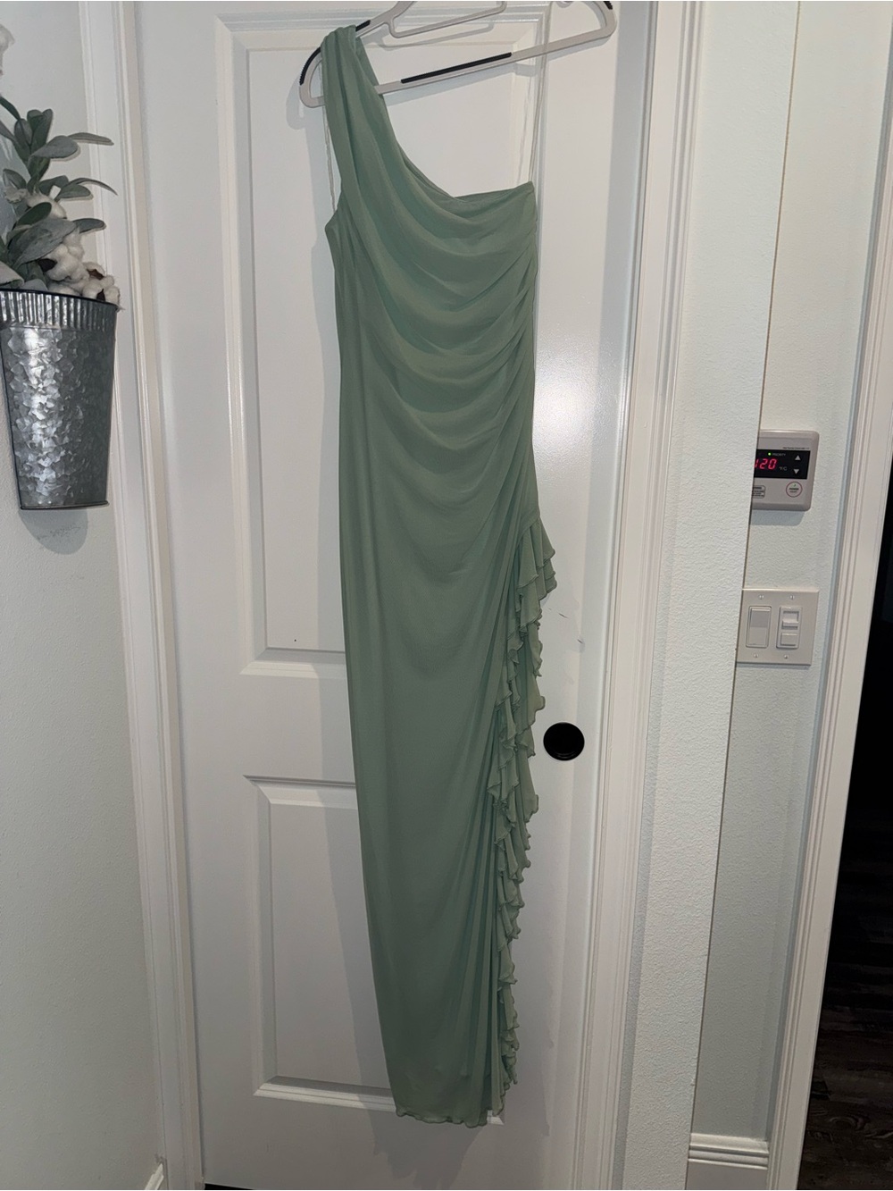 Peppermayo One-Shoulder Sage Green Ruffle Gown